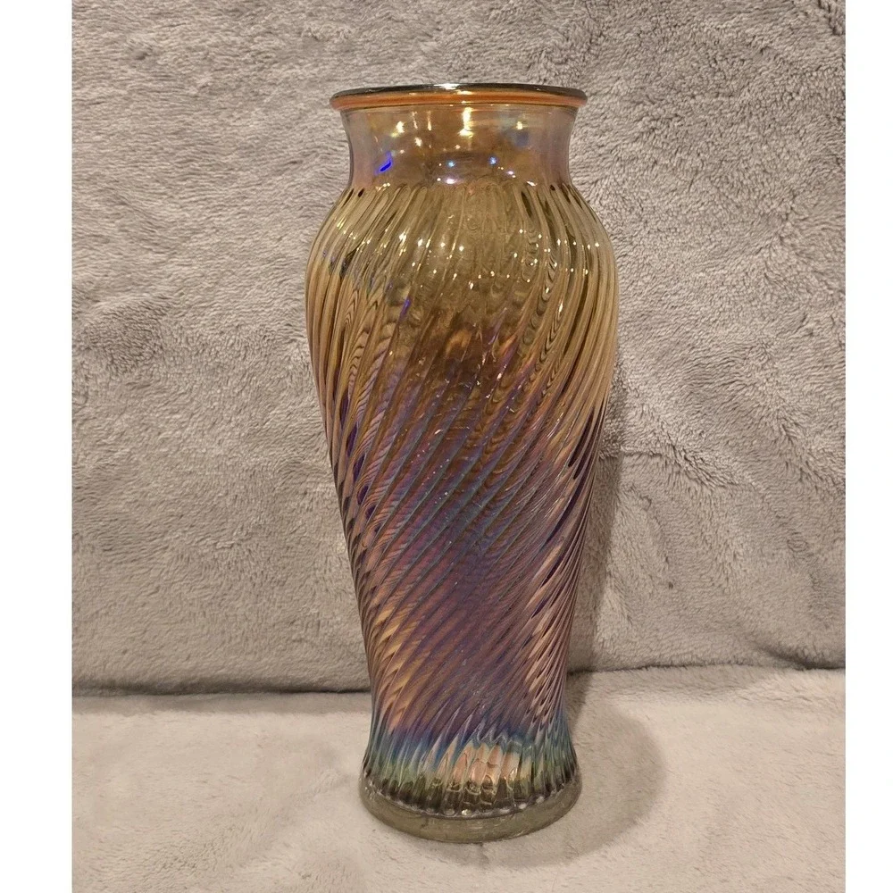 Vintage Amber Iridescent Carnival Glass Swirl Optic Vase Decorative Centerpiece